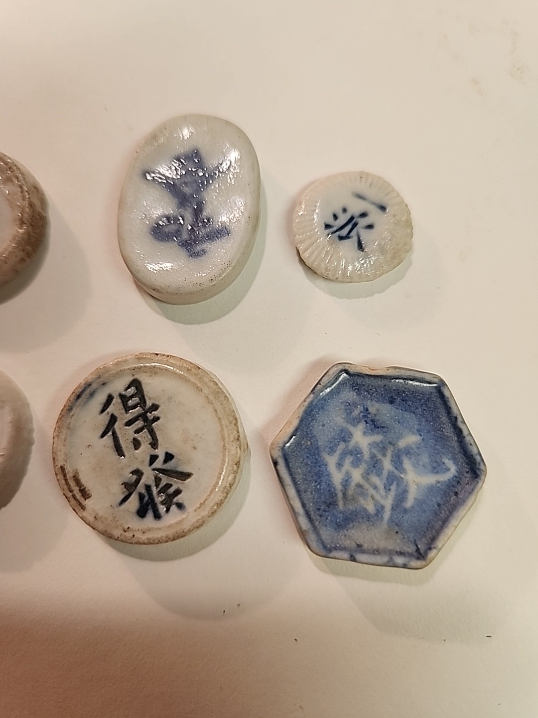 Authentic Lot of 8 19th Century Porcelain Siam, Thai, & Chinese Game Tokens