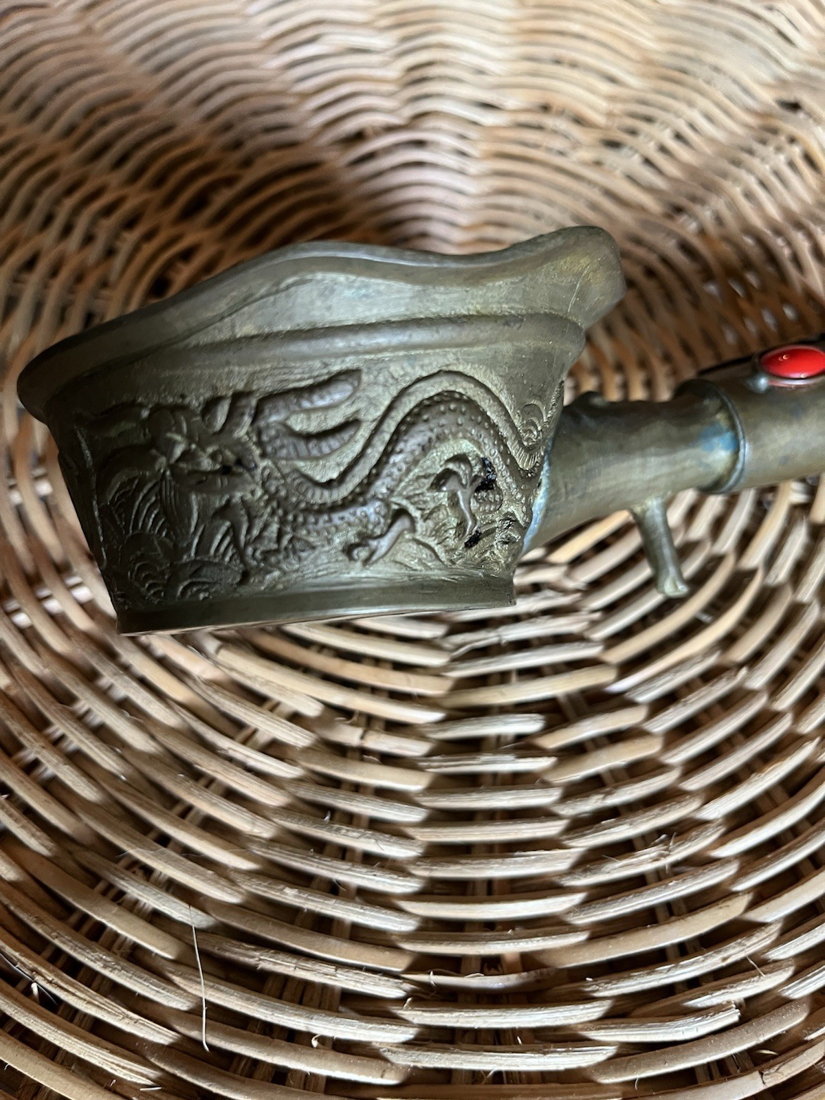 Chinese Brass Incense Burner w/ Dragon Relief, Red/Green Handle Inlays