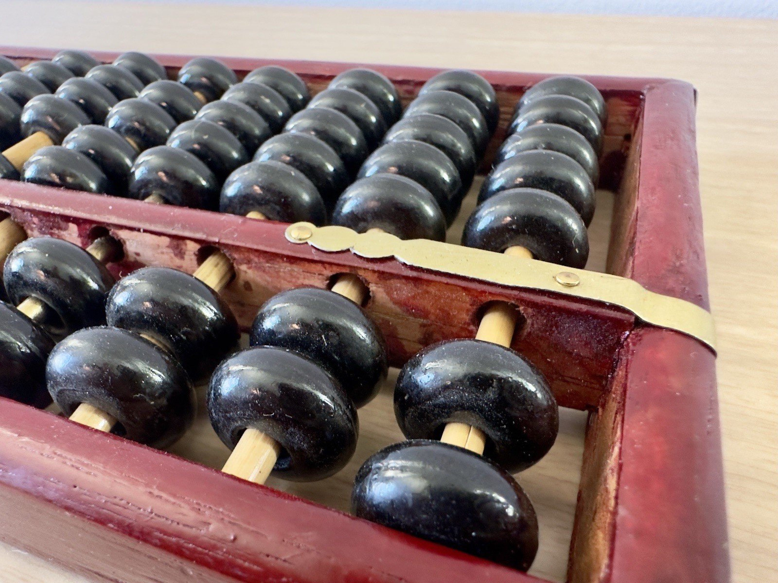 Vintage Wooden Abacus Black Beads Brass Hardware Mid Century MCM Decor 11.5in
