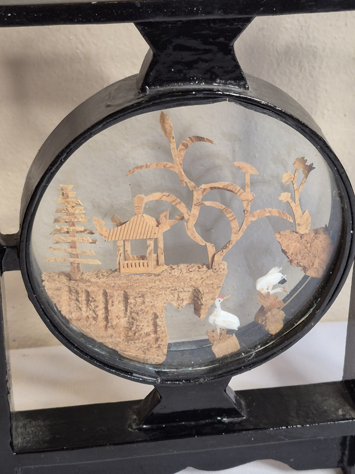 Chinese Cork Art Tabletop Screen Carving Panel 12″ Black Laquer Bird Trees Vtg