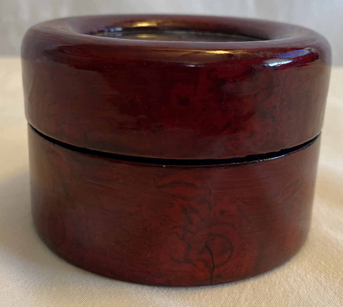 Vintage Wooden Trinket Box with Carved Cork Inlay in the Lid Lined with Red Silk
