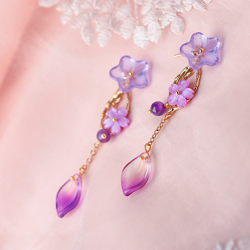 China Coloured Glaze/Purple Crystal Flower Tibetan Style Vogue Earbob Earrings