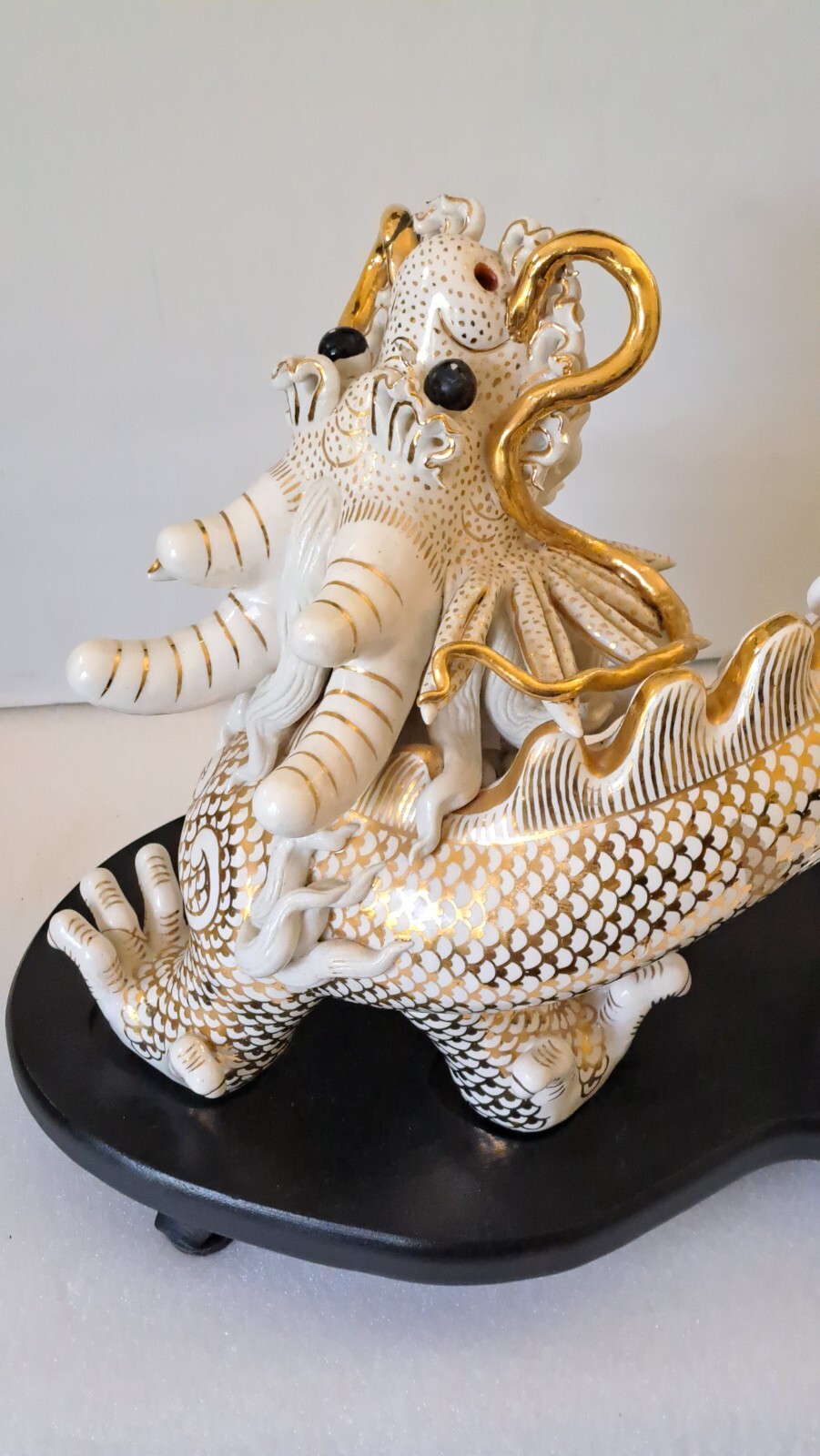 Vintage White/Gold Ceramic Dragon Feng Shui Sculpture 1950s Chinese Zodiac Décor
