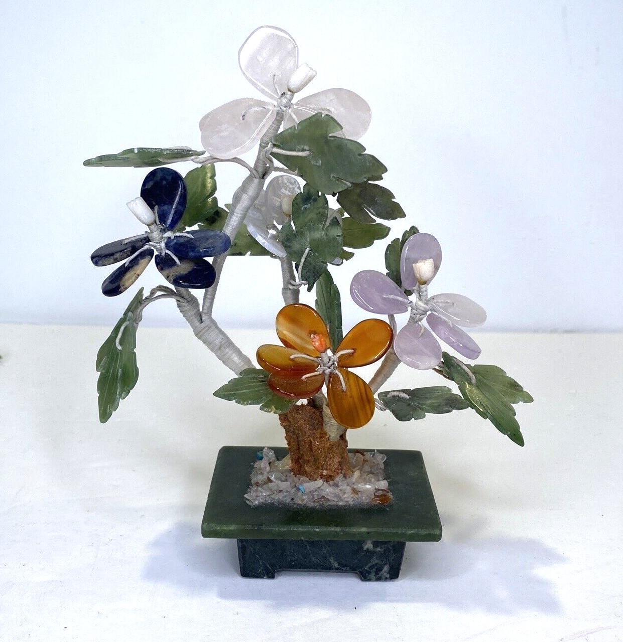 Vintage Bangkok Thailand Natural Polished Stone Flower Tree Jade Amber Blue