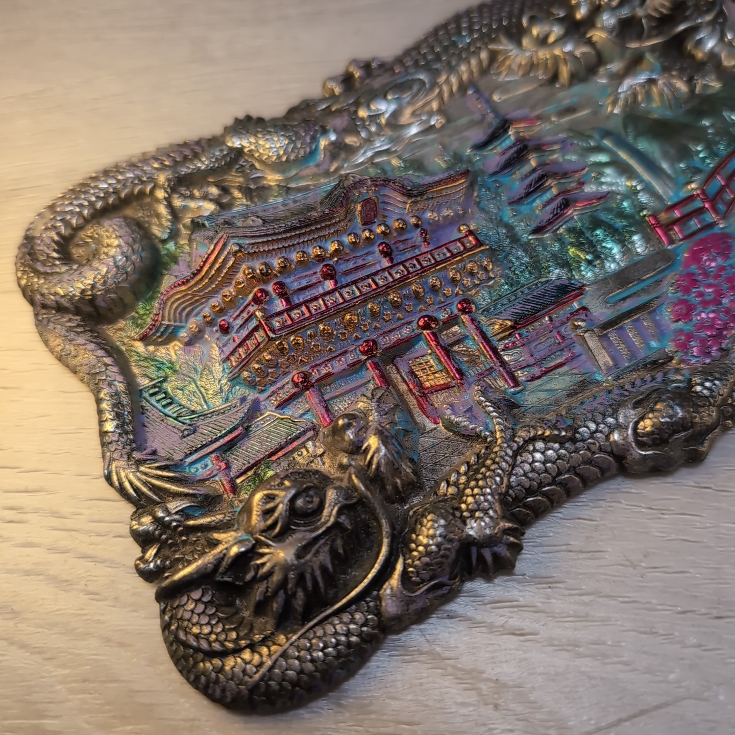 Antique Chinese Dragon Repousse Metal Tray Plaque Wall Art Jewelry Box Lid 7″x4″