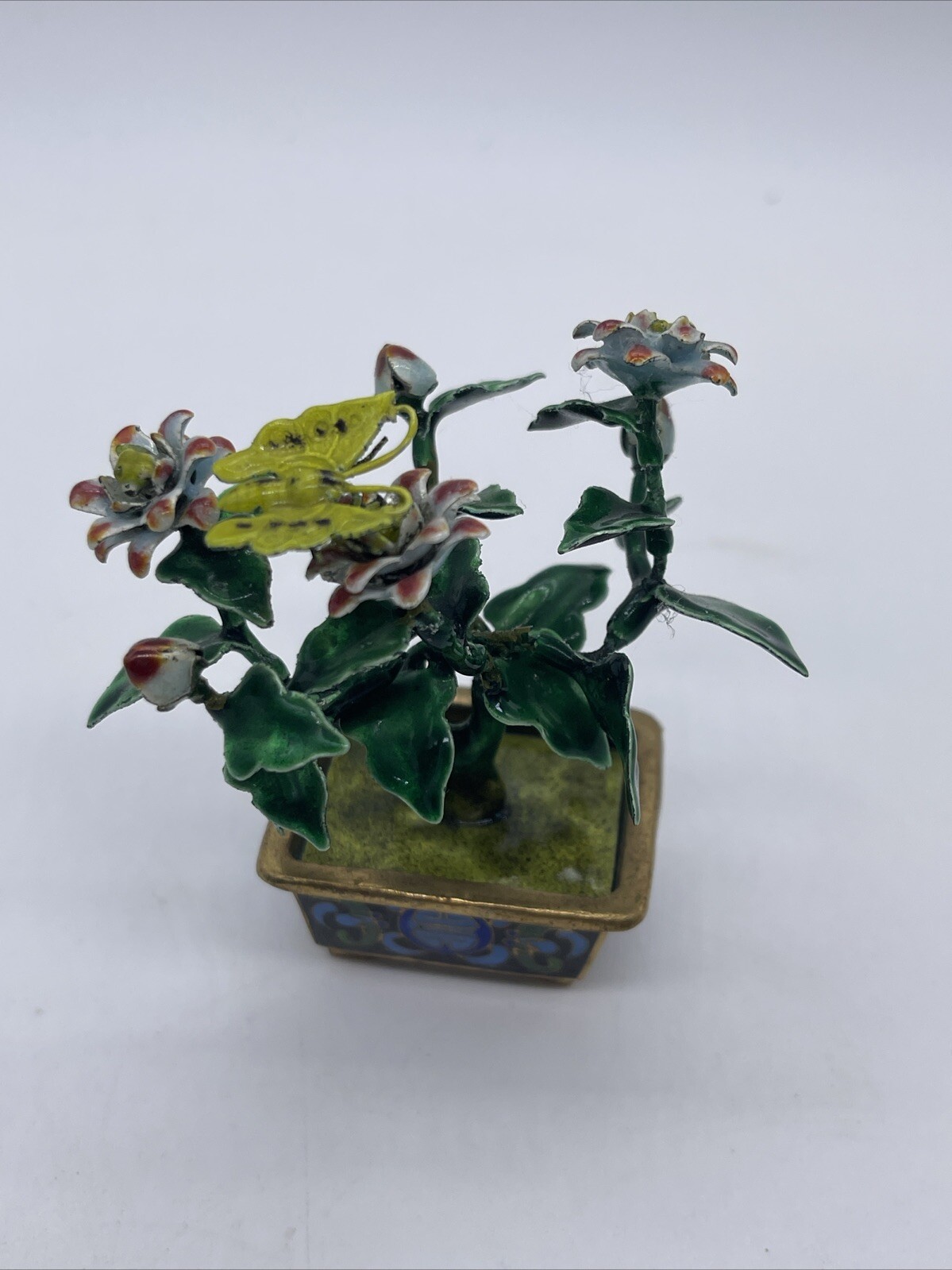 VINTAGE CHINESE METAL GUILLOCHE ENAMEL BONSAI TREE & FLOWERS with CLOISONNE POT