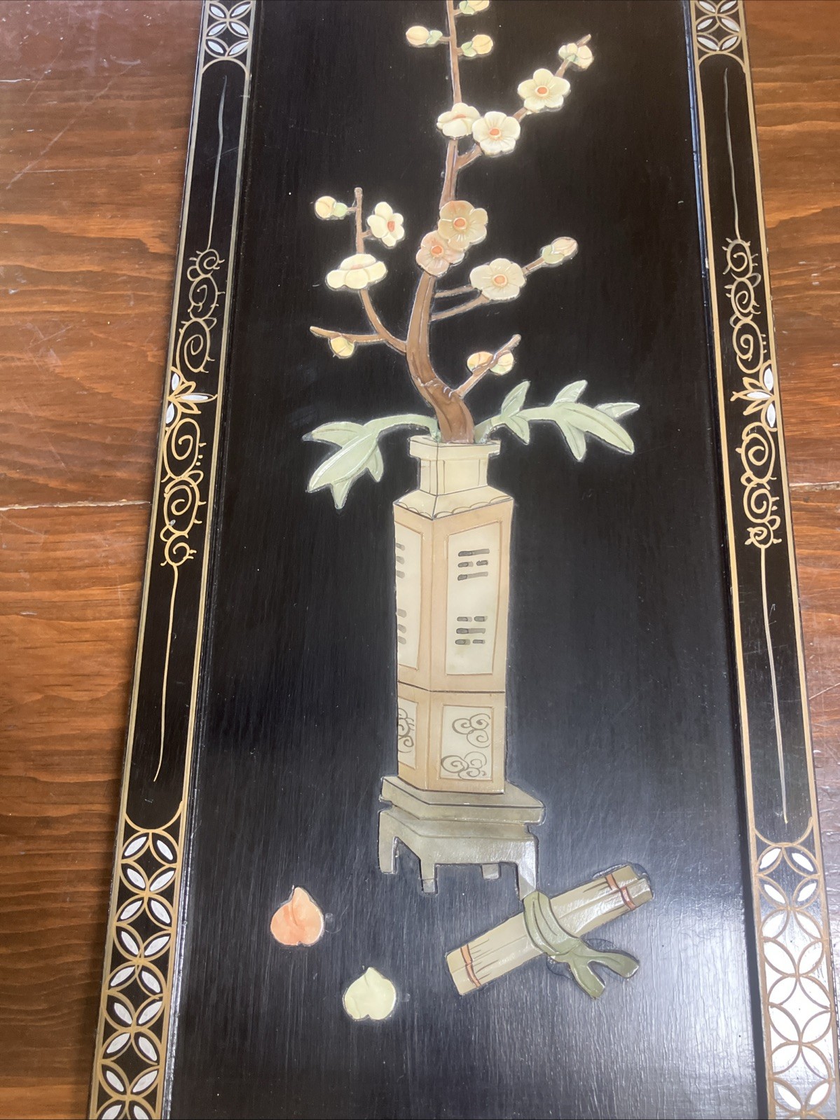 Vtg Chinese Flower Pot Black Lacquer Mother Of Pearl Stone Wall Panel 12”x 34”