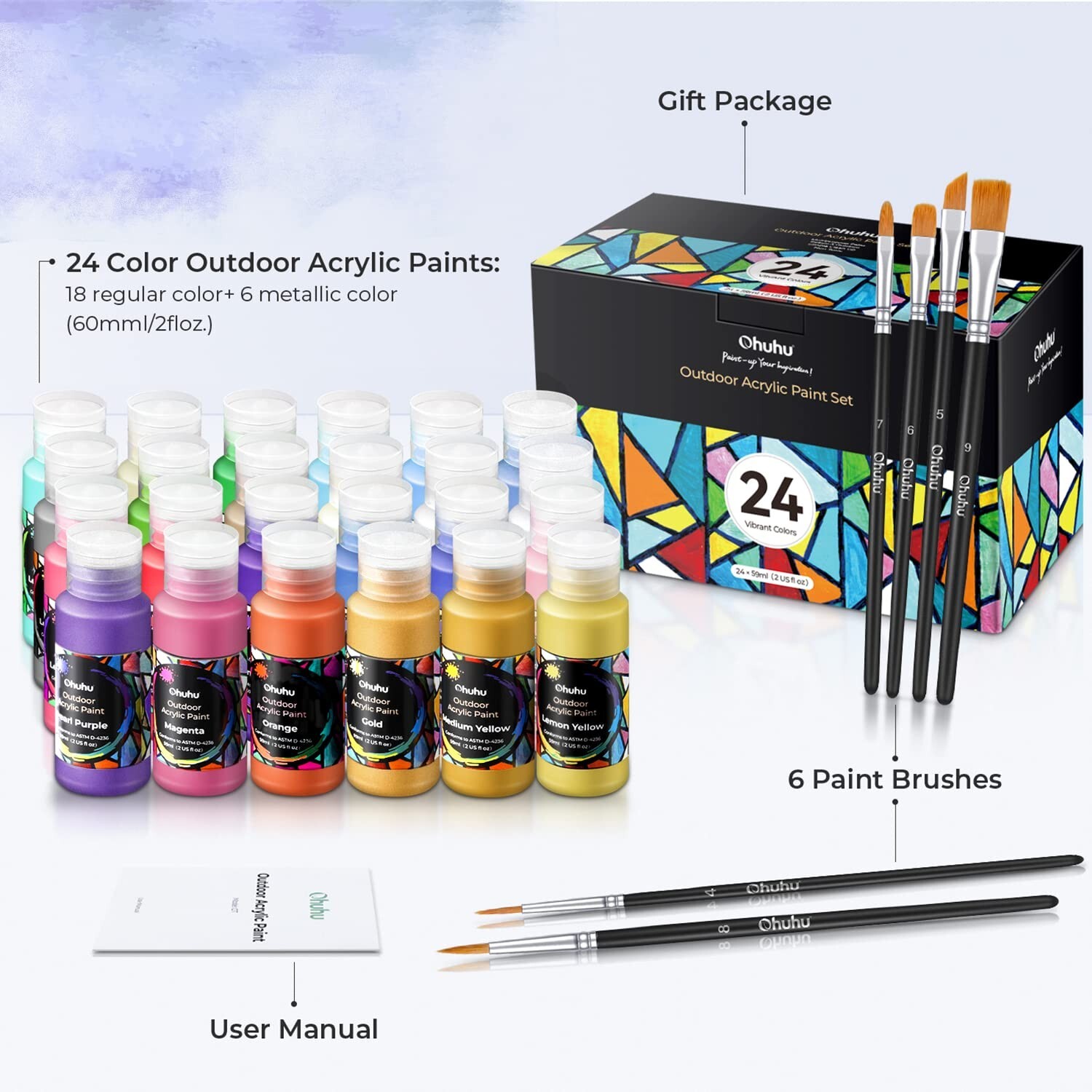 Ohuhu Acrylic Paint Set 24 Acrylic Colours Painting kit Waterproof 20 Basic & 4