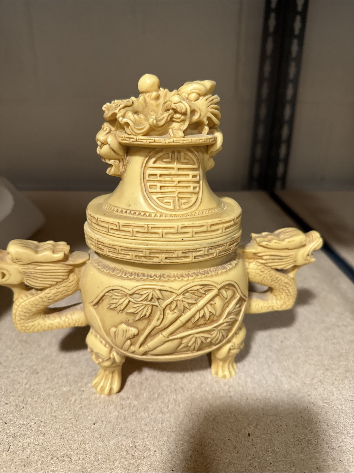 Dragon Incense Burner Faux Bone Resin Ornate Sculpture Decor Chinese Asian Lid