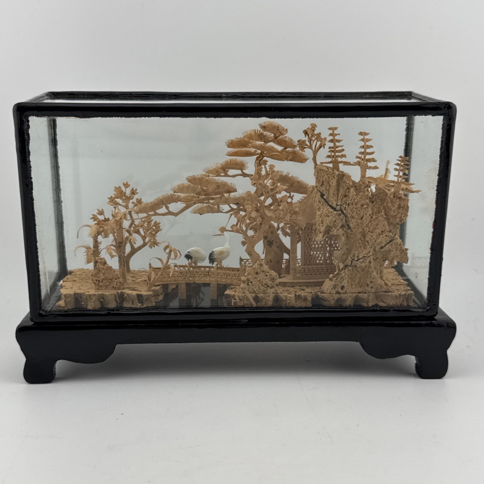 Vintage Chinese Hand Carved Cork Diorama with birds Framed Glass Wood