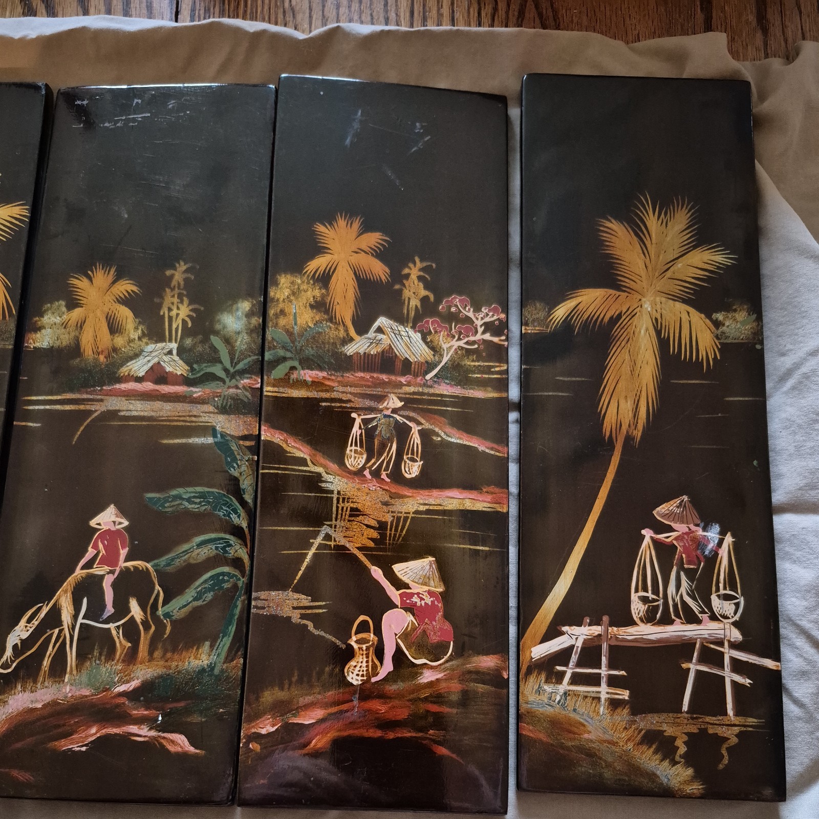 4 Vintage Asian Vietnamese Hand Painted Black Lacquer Wall Art Plaque Panels