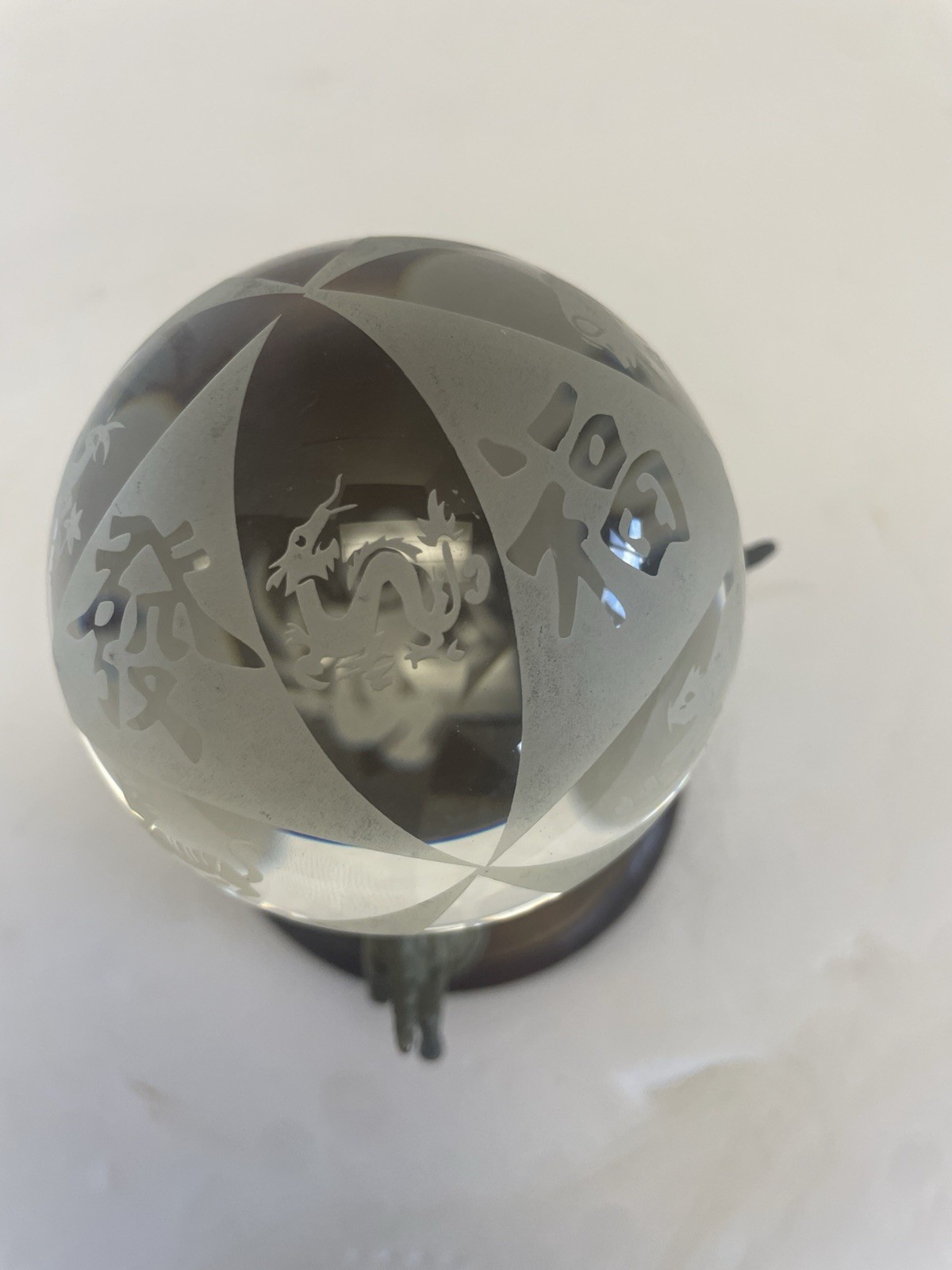 Chinese Zodiac New Year Etched Crystal Ball W Vintage Brass Unicorn Stand