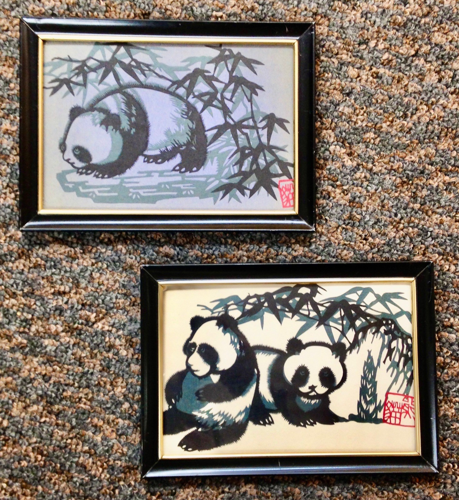 Vtg Set of TWO (2) Jianzhi Paper Cutting Art Chinese Paper Pandas – Framed 4×6″