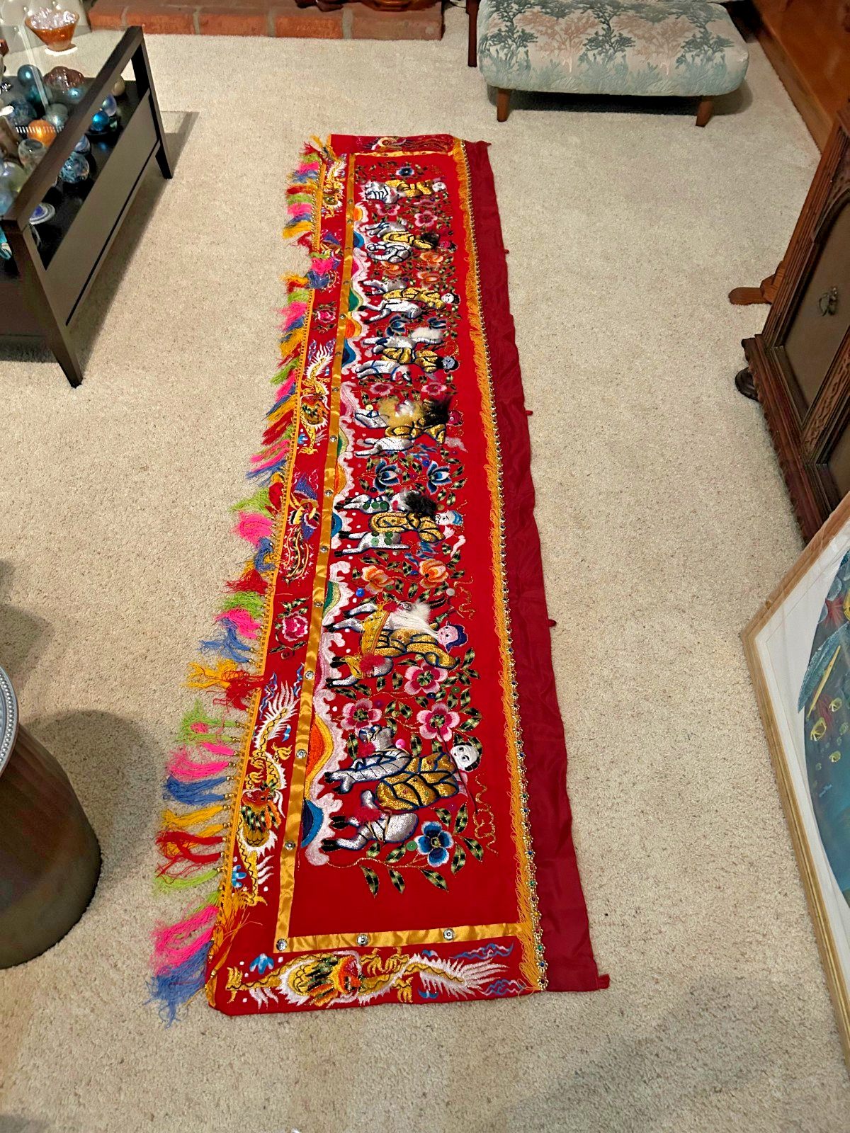 9′ LONG ASIAN WALL HANGING TAPESTRY chinese textile art BEARDS ON MEN rod Loops