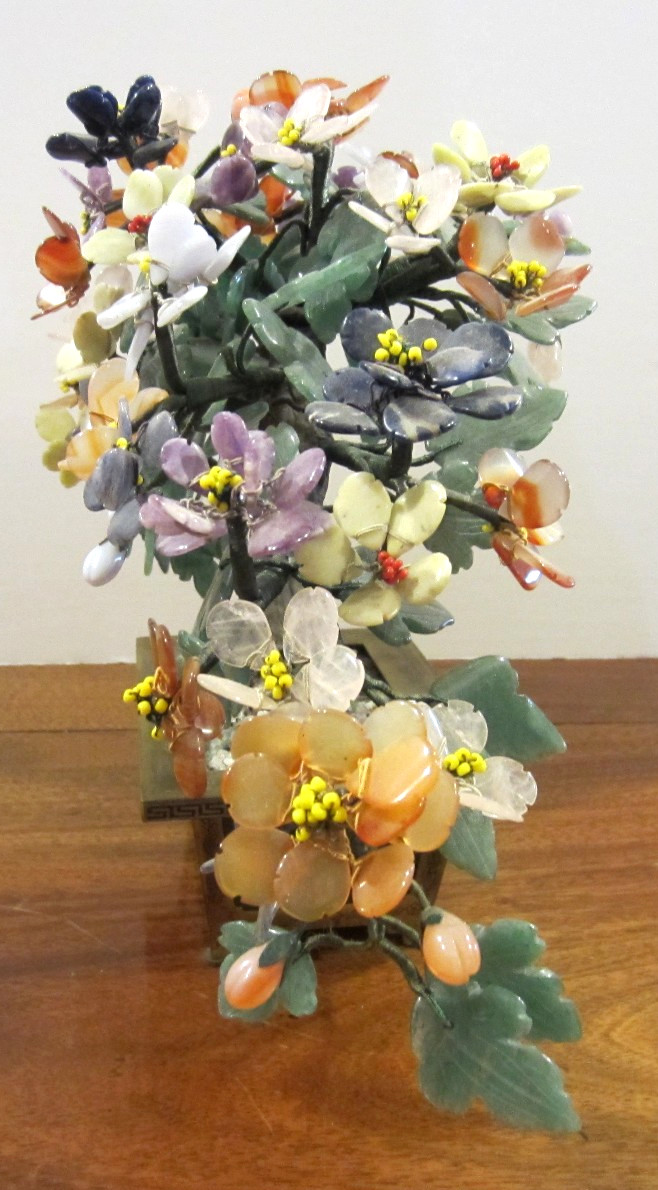 large jade/stone bonsai tree with many flowers of jade, agate, amethyst,& others