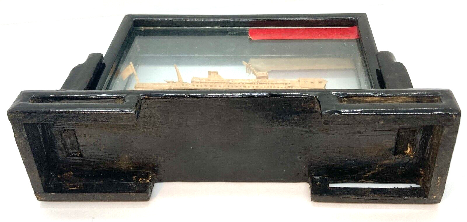 VINTAGE ASIAN Carved Cork Ship in glass case/wood stand YANGZI RIVER HUBEI CHINA