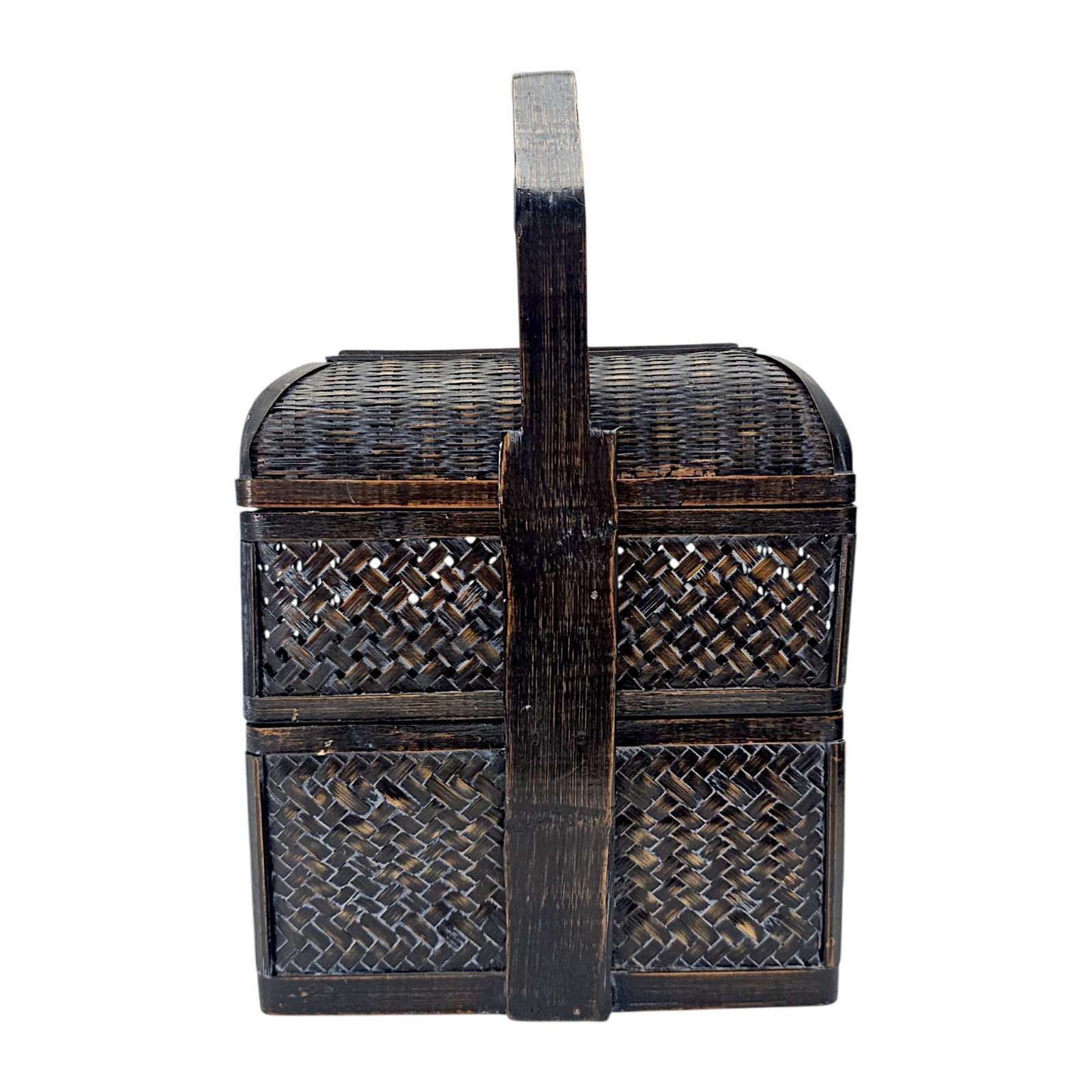 Vintage Chinese Wedding Basket Black Lacquer Woven Bamboo Export 13″ PRC