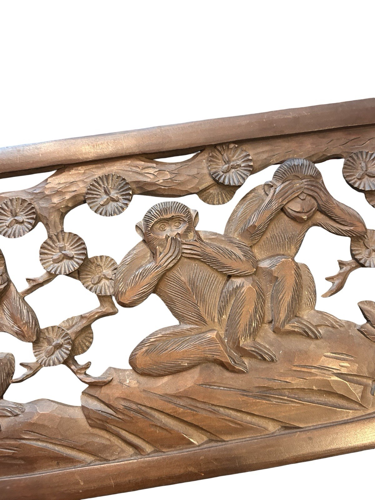 VTG Chinese Hand Carved Relief Wood Panel Three Wise Monkeys 19×9 Brown
