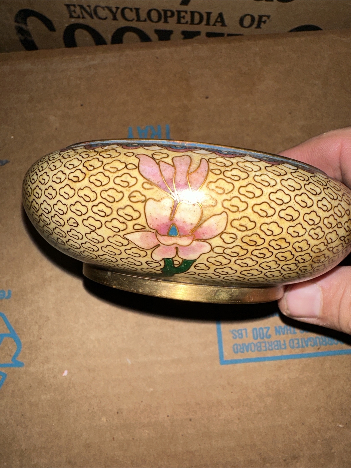 Elegant PinkFloral Asian Cloisonné Enamel Gold Trim Bowl Brass