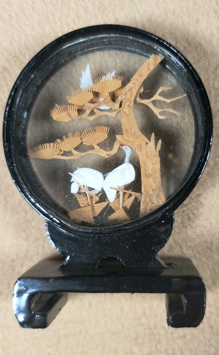 5 Vintage Chinese Oriental Asian CORK Carving DIORAMA Art 3D Cranes Shadow Box