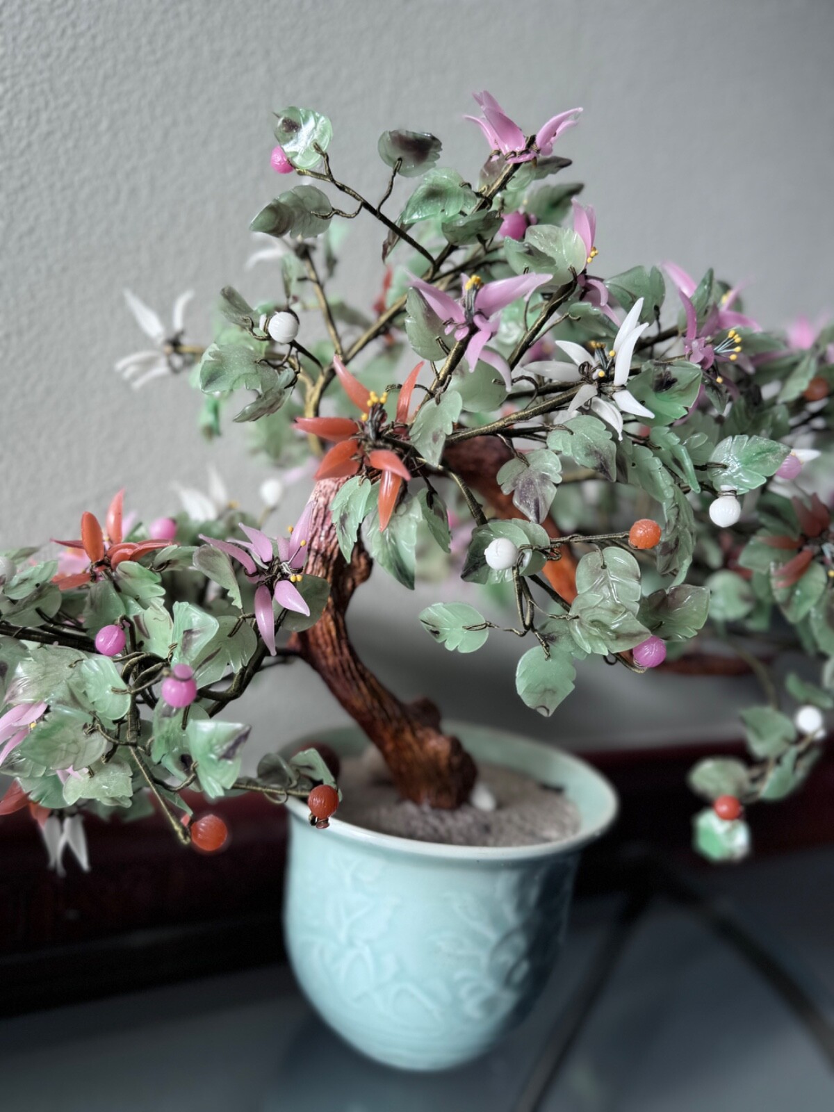 VTG Asian Jade Multicolor Flower Bonsai Tree Celadon Pot 8” Tall 11” Across C2