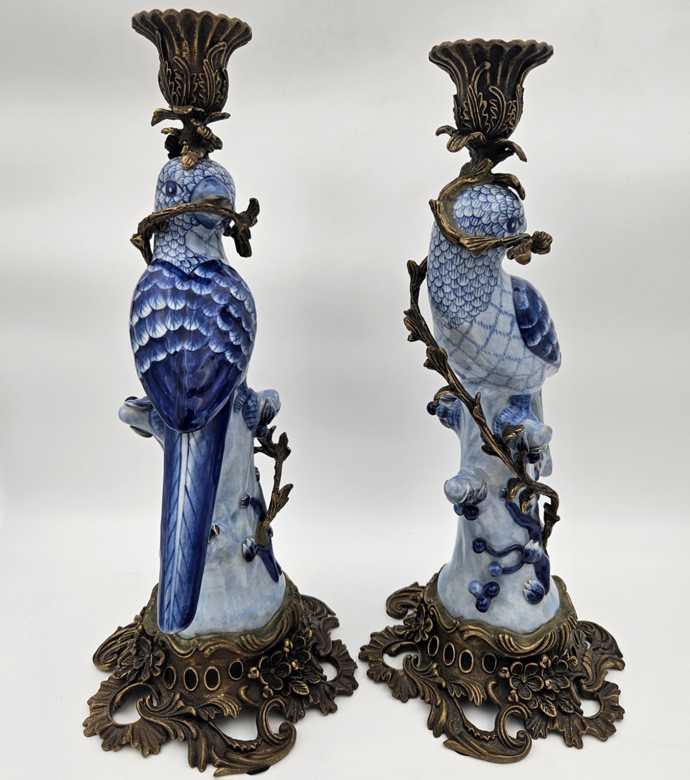 Antique Chinese Bird HOLLYWOOD REGENCY Blue Birds Brass Candle Holders 14″