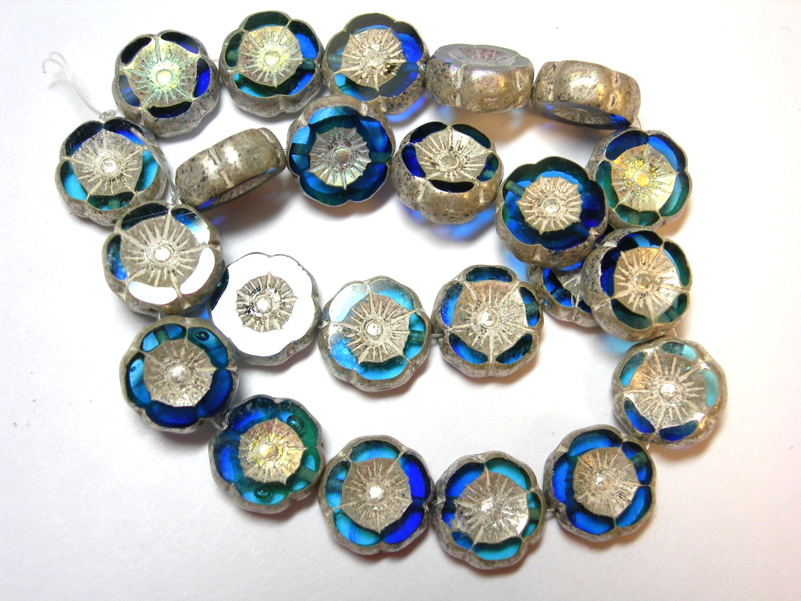 12 beads – Blue Aqua Blend with Silver Czech Glass Flower Beads 12mm