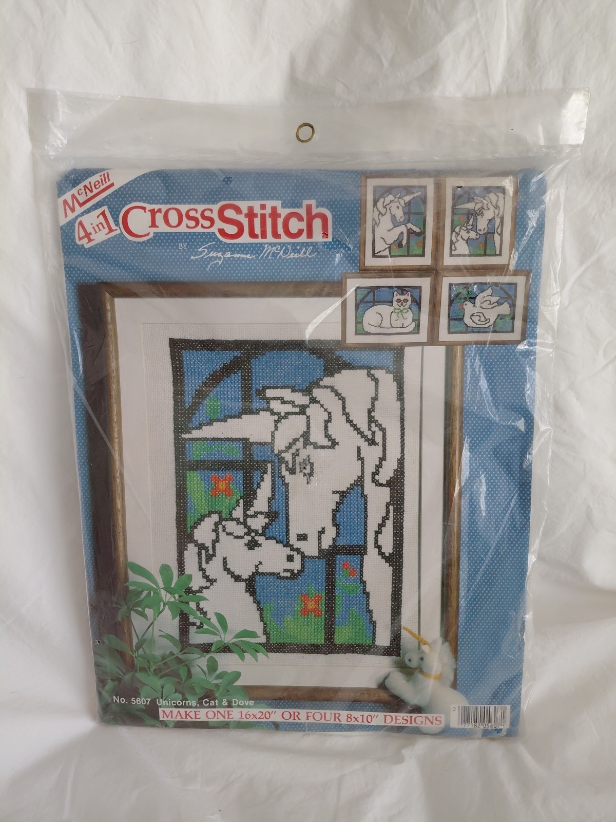 McNeill 4 In 1 Cross Stitch # 5607 Unicorn Cat Dove 16×20 Vintage
