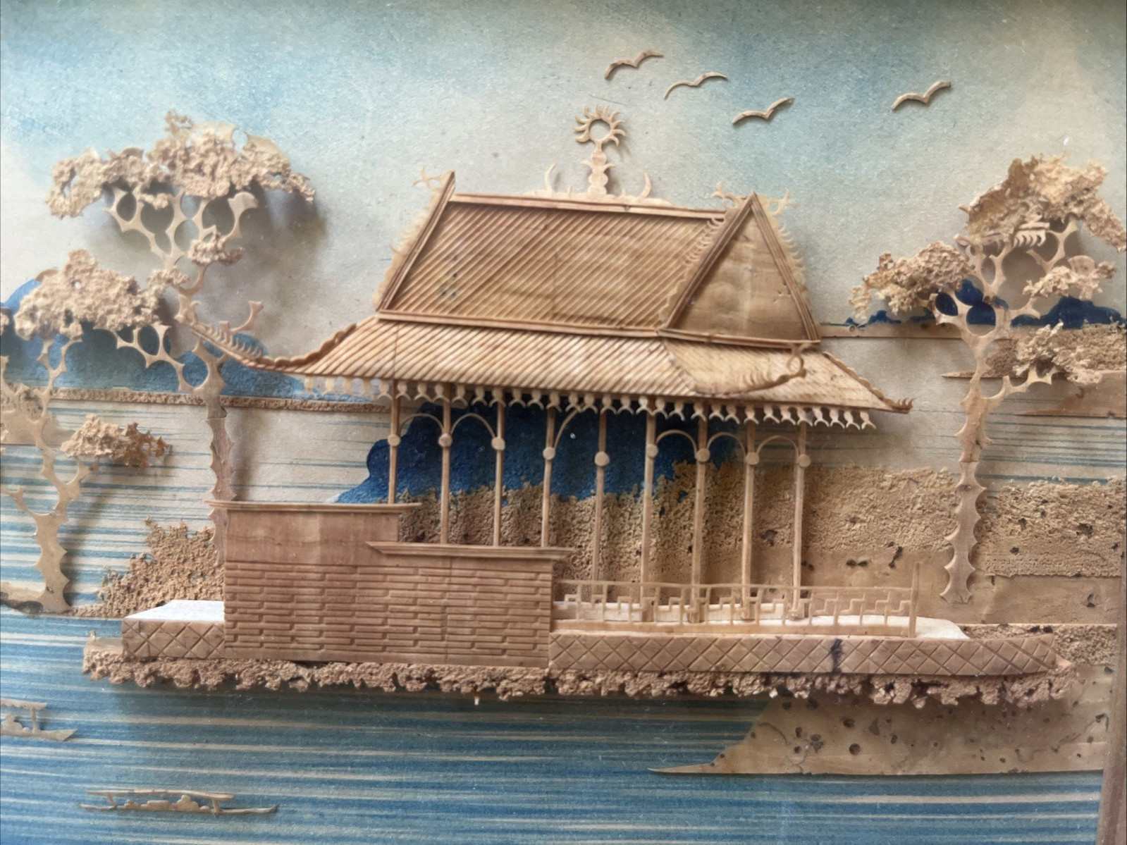 Vintage Oriental Chinese Cork Carving Diorama Framed Art 8.5″x6.5″x1″ Asian