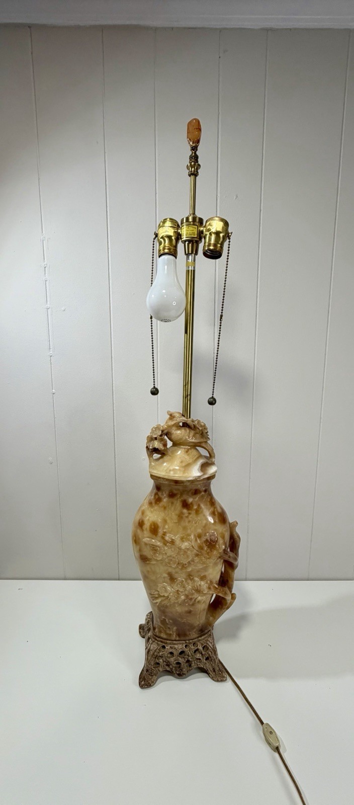 Rare Vintage Chinese Hand-Carved Soapstone Floral and Table Lamp