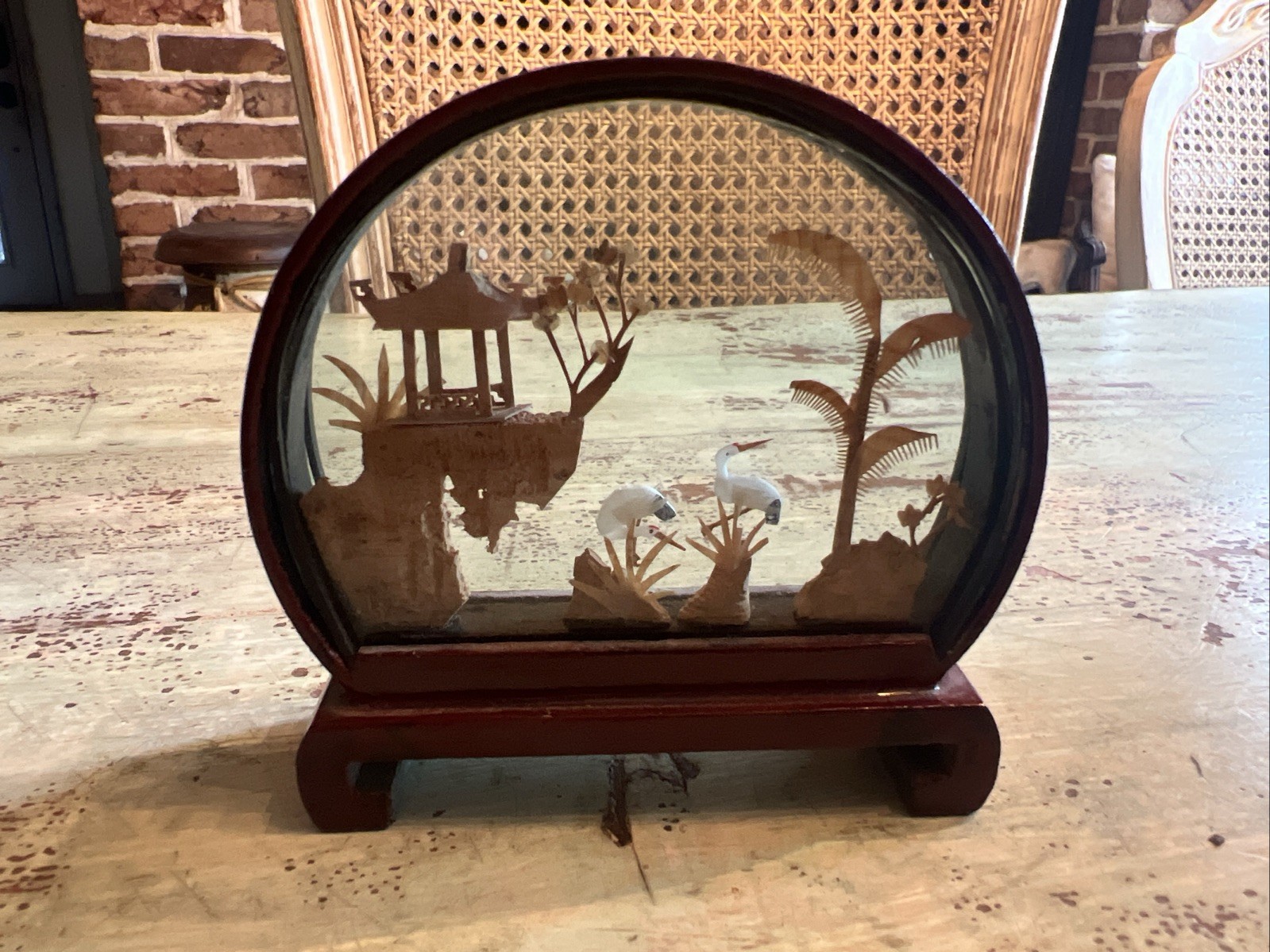 Vintage Oval Chinese Cork Art Hand Carved Diorama – Pagoda/Cranes/Trees/Cliff