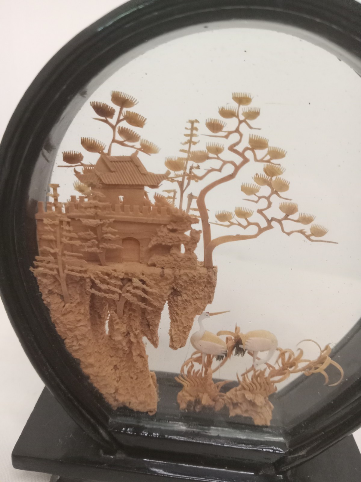 Vintage Hand Carved Cork Asian Diorama Black Lacquer Display 3.25″ Cranes 1960s
