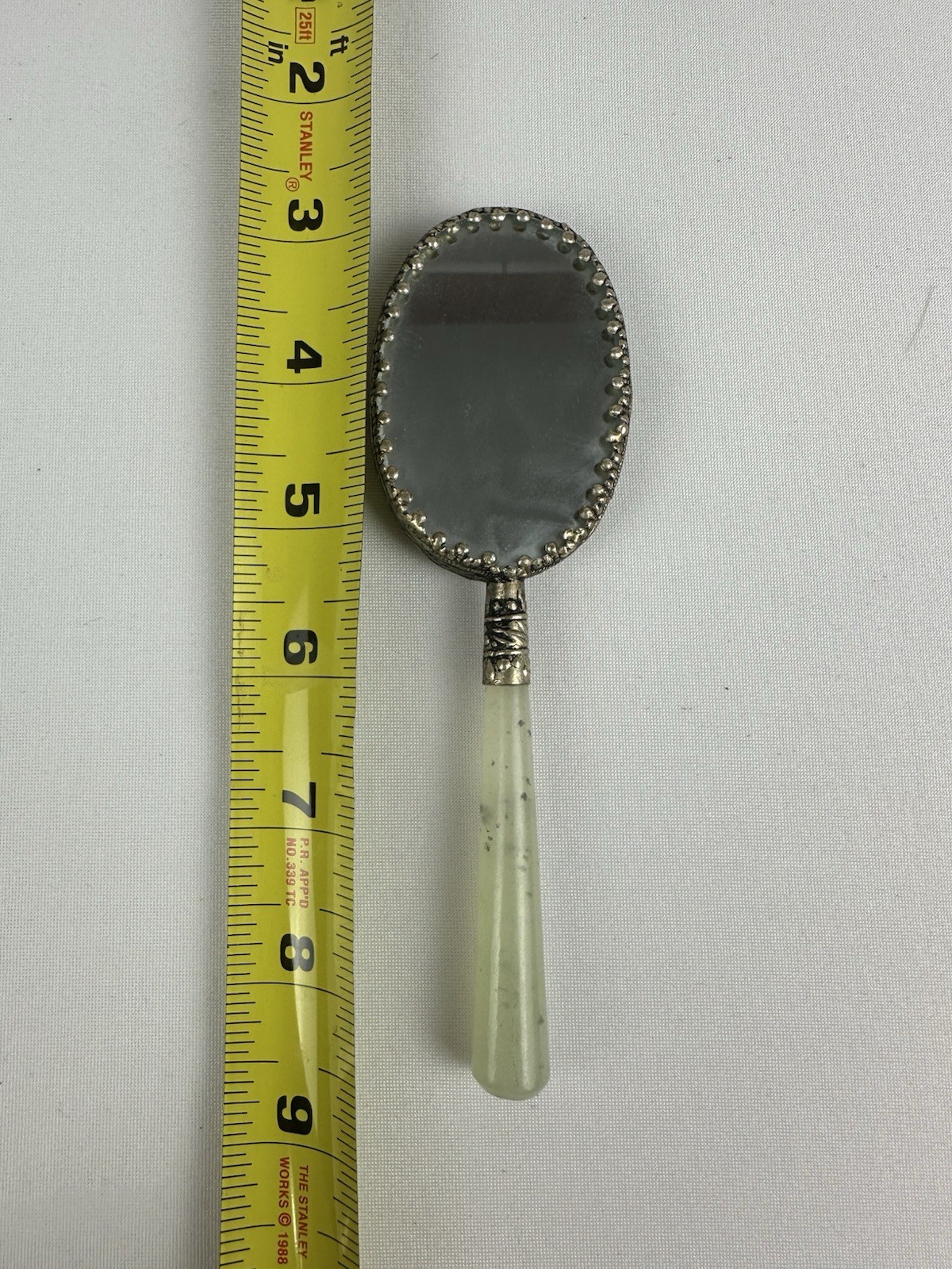 Chinese Decorative Small Hand Mirror w/ Green Stone Handle & Porcelain w/ Birds