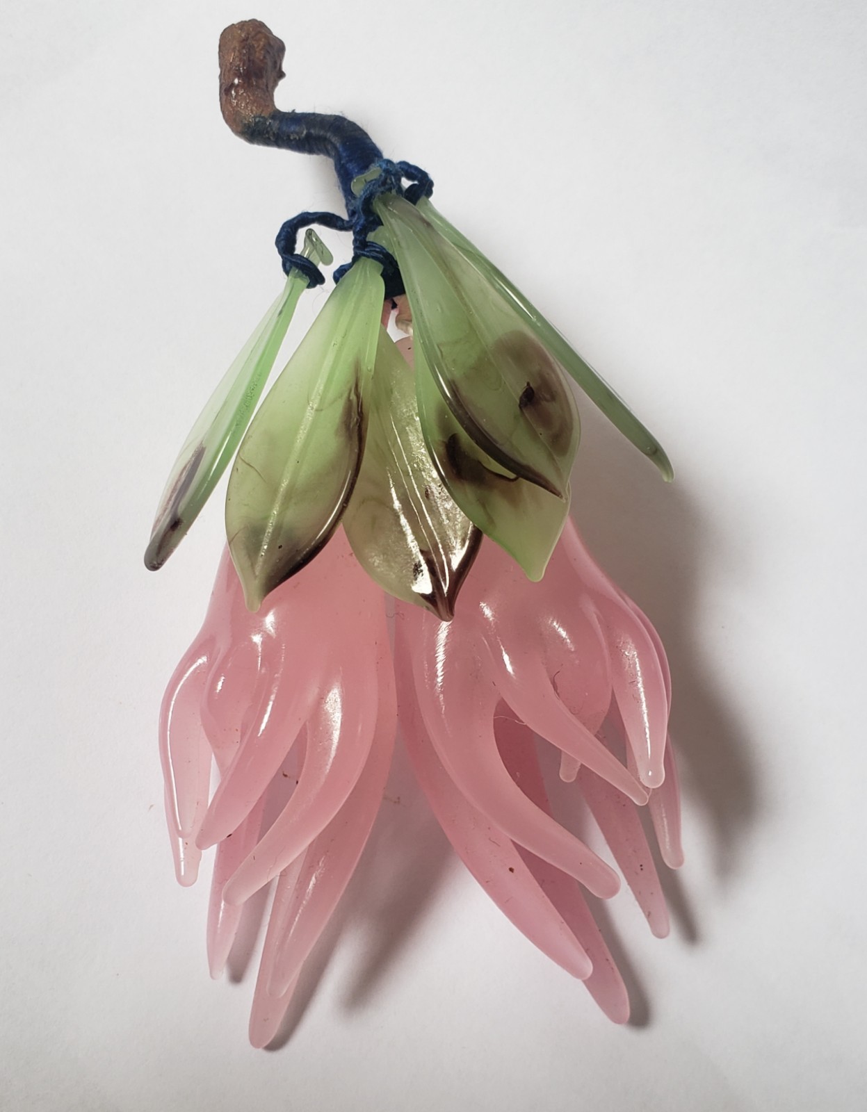 Vintage Chinese Pink Glass Wired Flowers green leaves