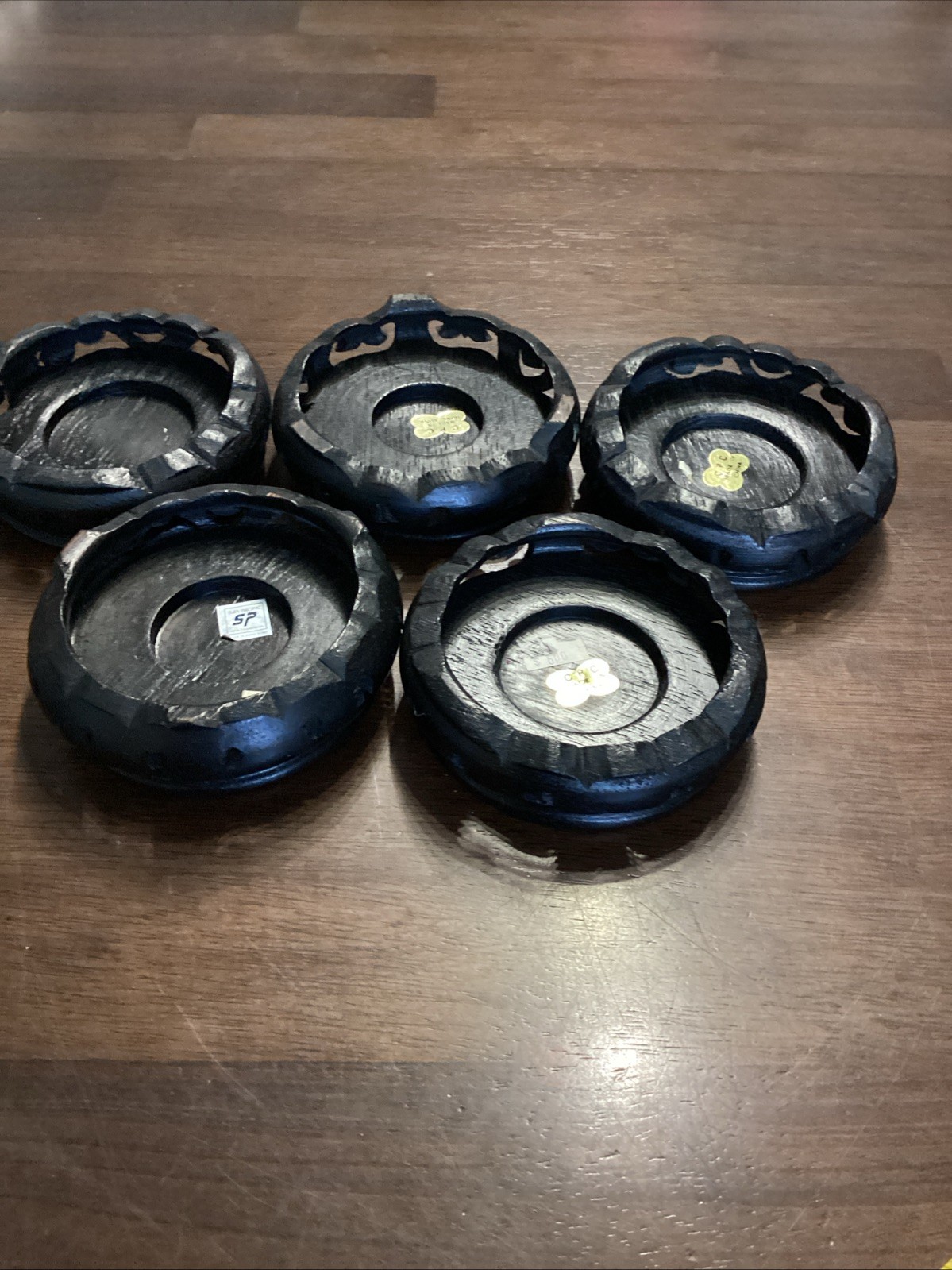 Chinese Hand Carved Wooden Round Display Stand Lot Of 5
