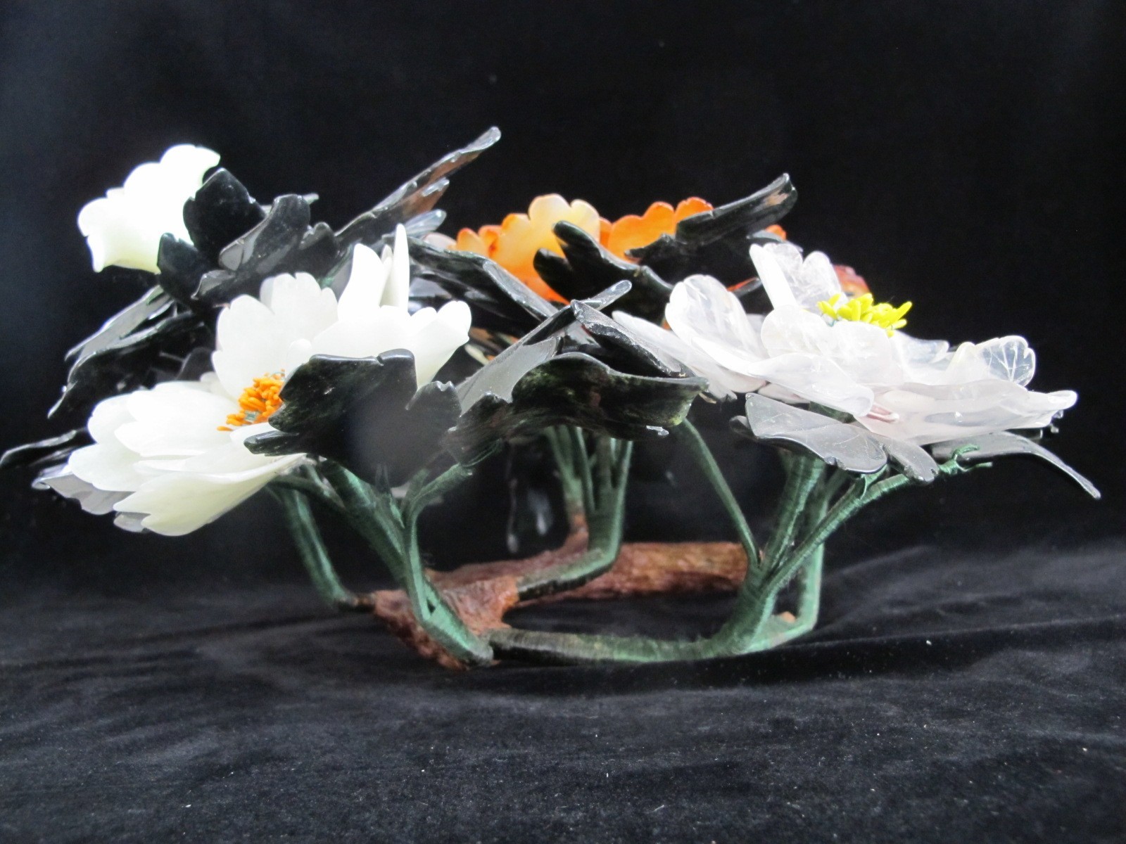CHINESE Carved Jade Carnelian & Quartz Hardstone FLOWER Centerpiece