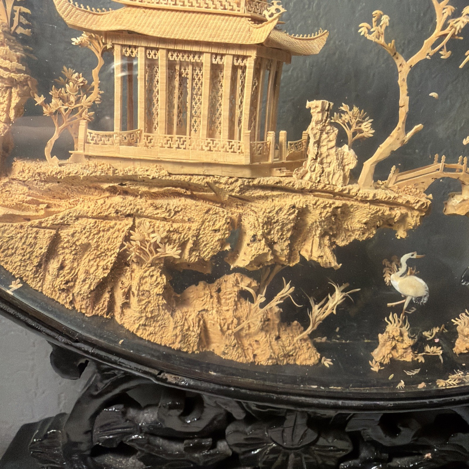 VTG Chinese Hand Carved Cork Diorama Shadow Box Asian Art Pagoda Cranes Trees