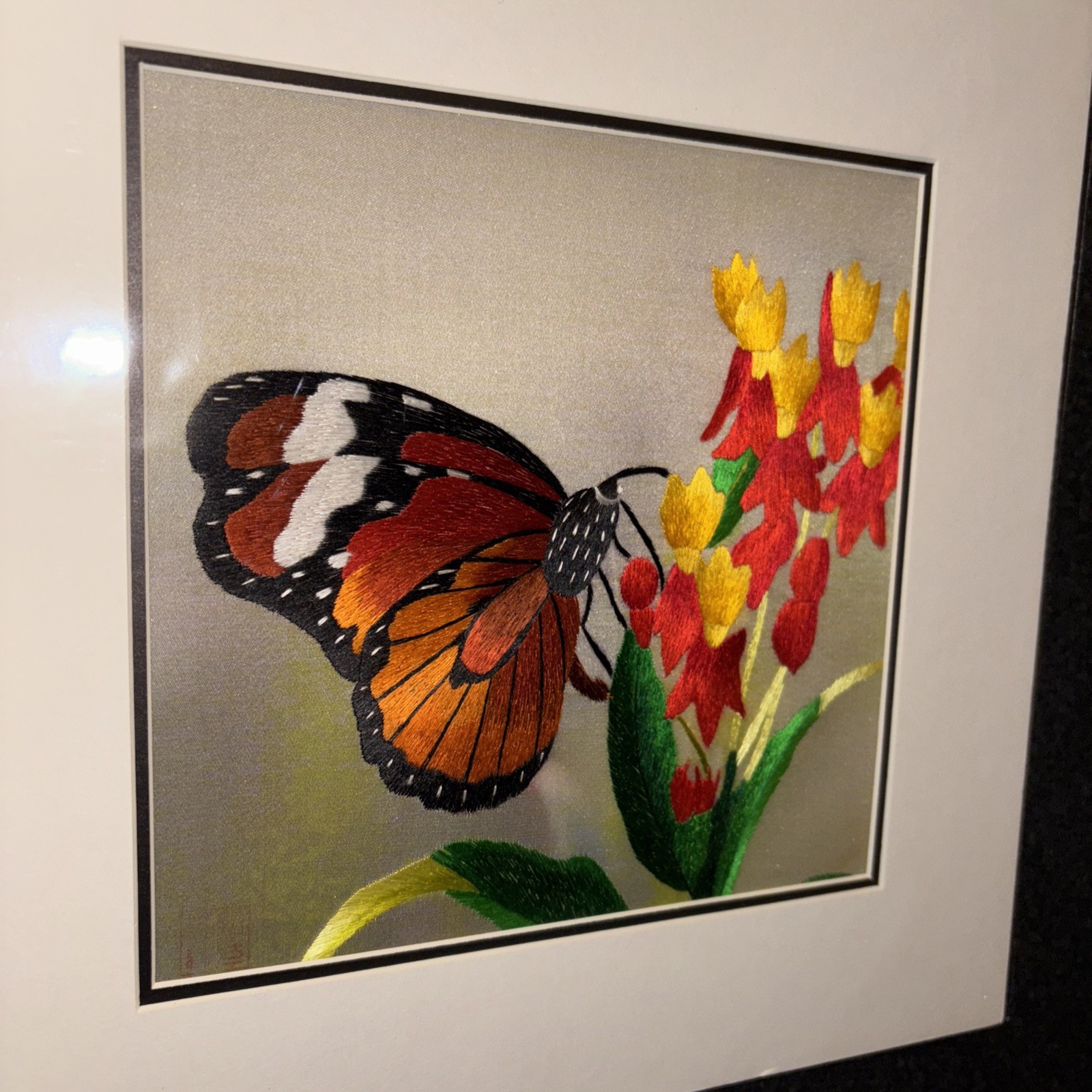 Suzhou Fine Silk Threads Embroidery Butterfly Art UnFramed Handmade Sz 13×13