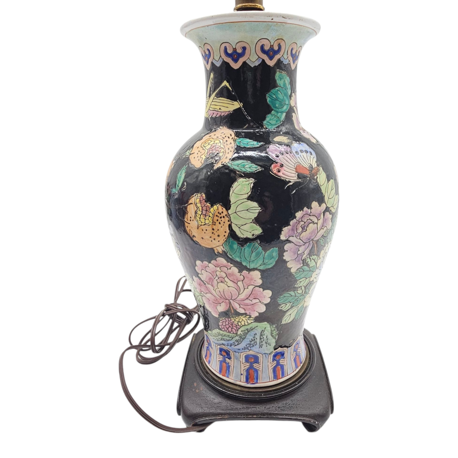 VTG Chinese Famille Noir Porcelain Lamp Hand Painted Birds Flower Black Base 20″