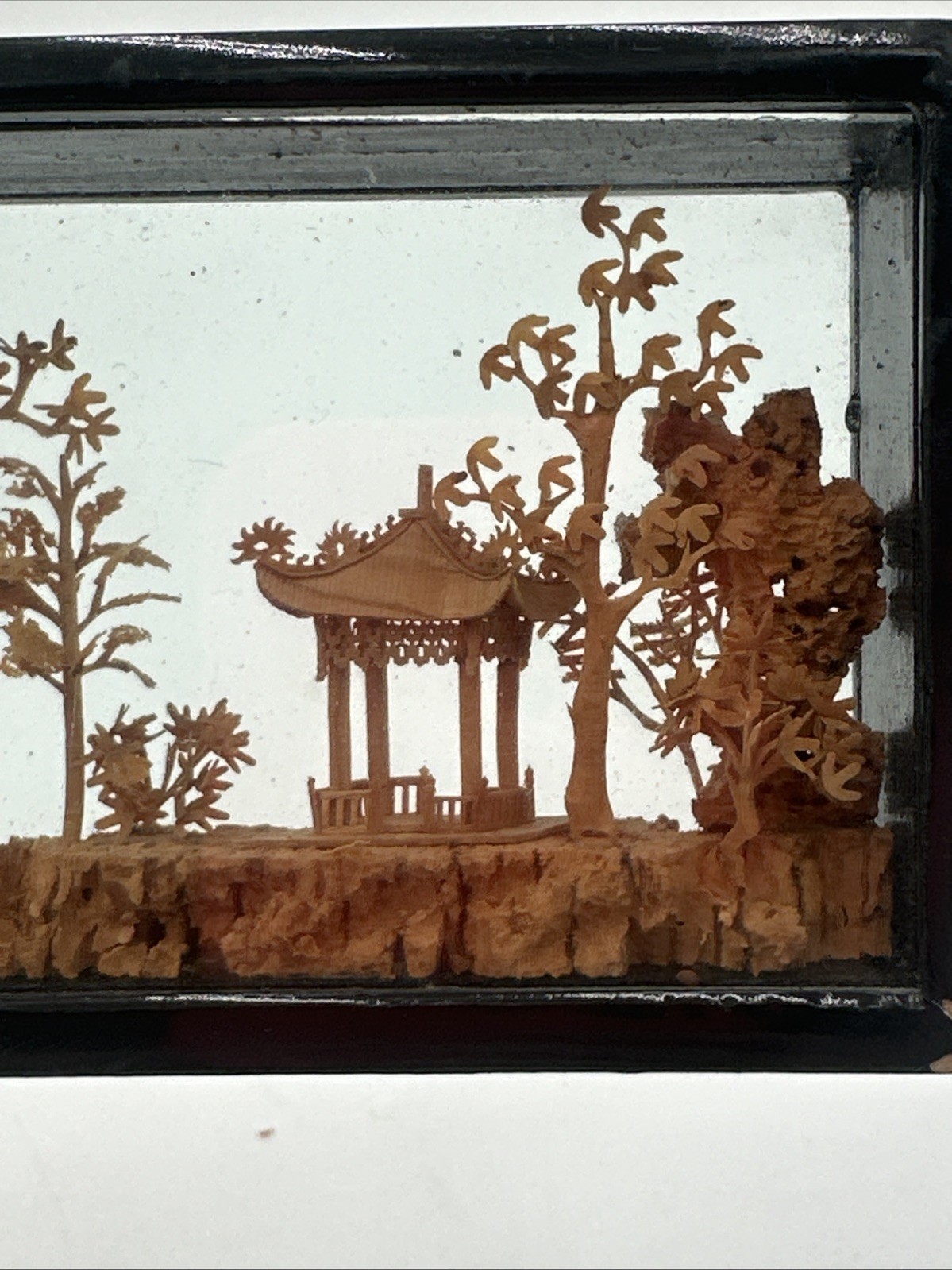 Vintage Chinese Cork Art Shadow Box Pagoda Cranes Scenic Diorama Framed C Detail