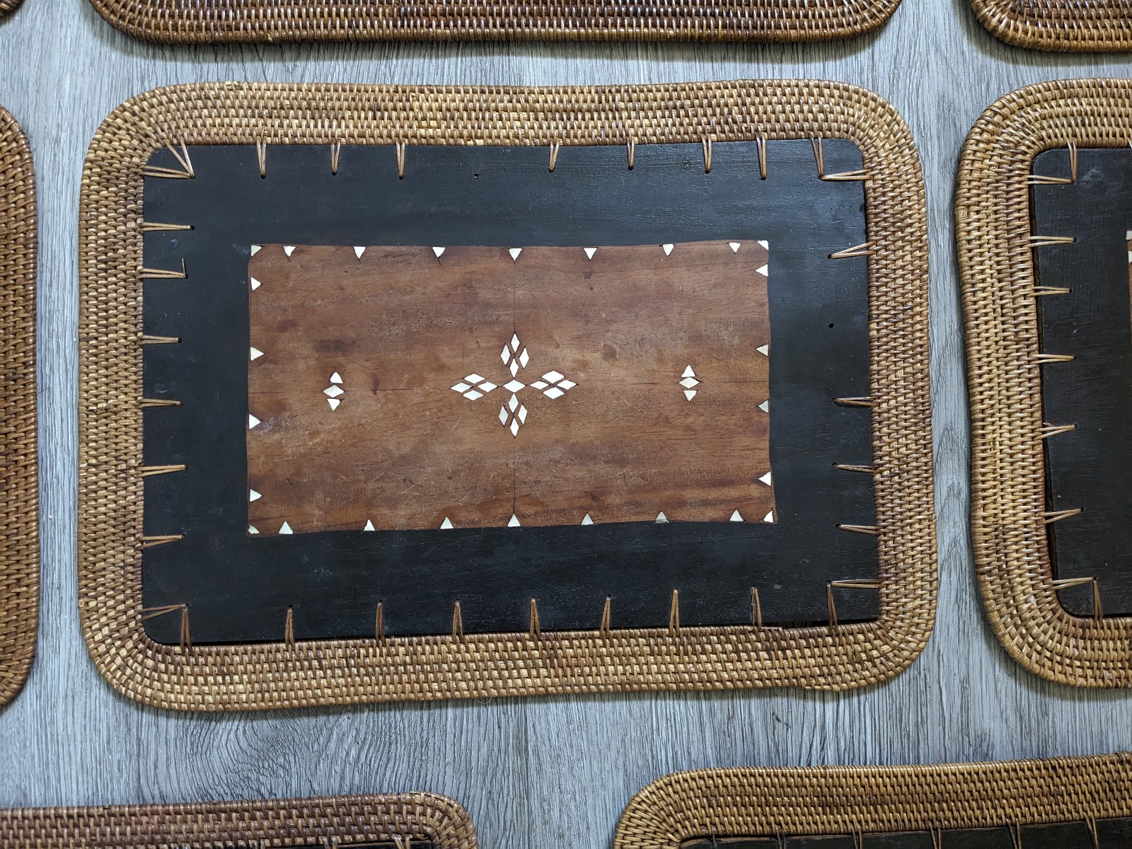 Vintage Mid Century Rattan Wood Placemats Shell Inlay Chinese Coin Boho Set of 8