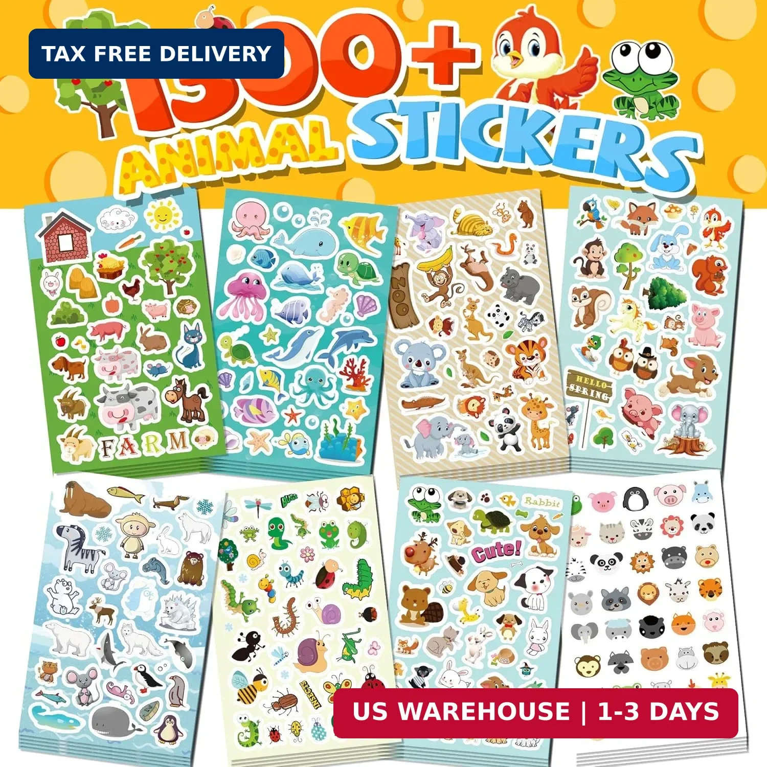 1300+ Stickers for Kids, 8 Sheets Cute Animal Stickers Bulk for Classroom Crafts