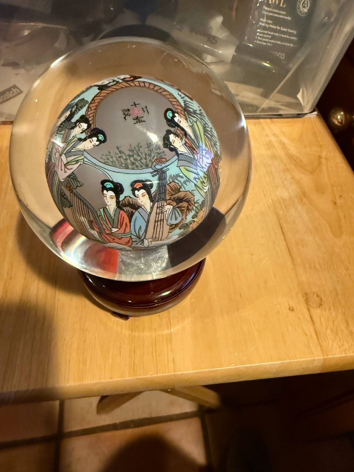 Vintage Chinese Hand Painted Reverse Art 4.5″ Glass Globe On Wooden Stand SIGNED