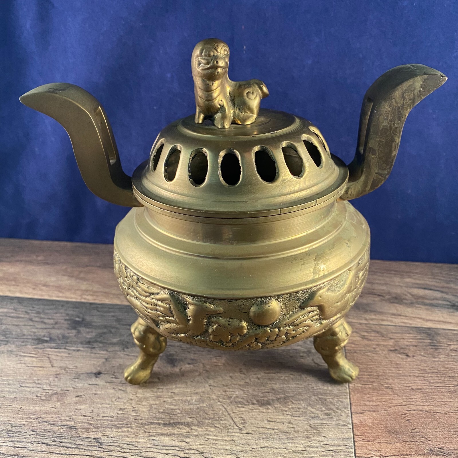 Vintage Asian Three Footed Solid Brass Incense Burner Foo Dog Lid Dragon Base