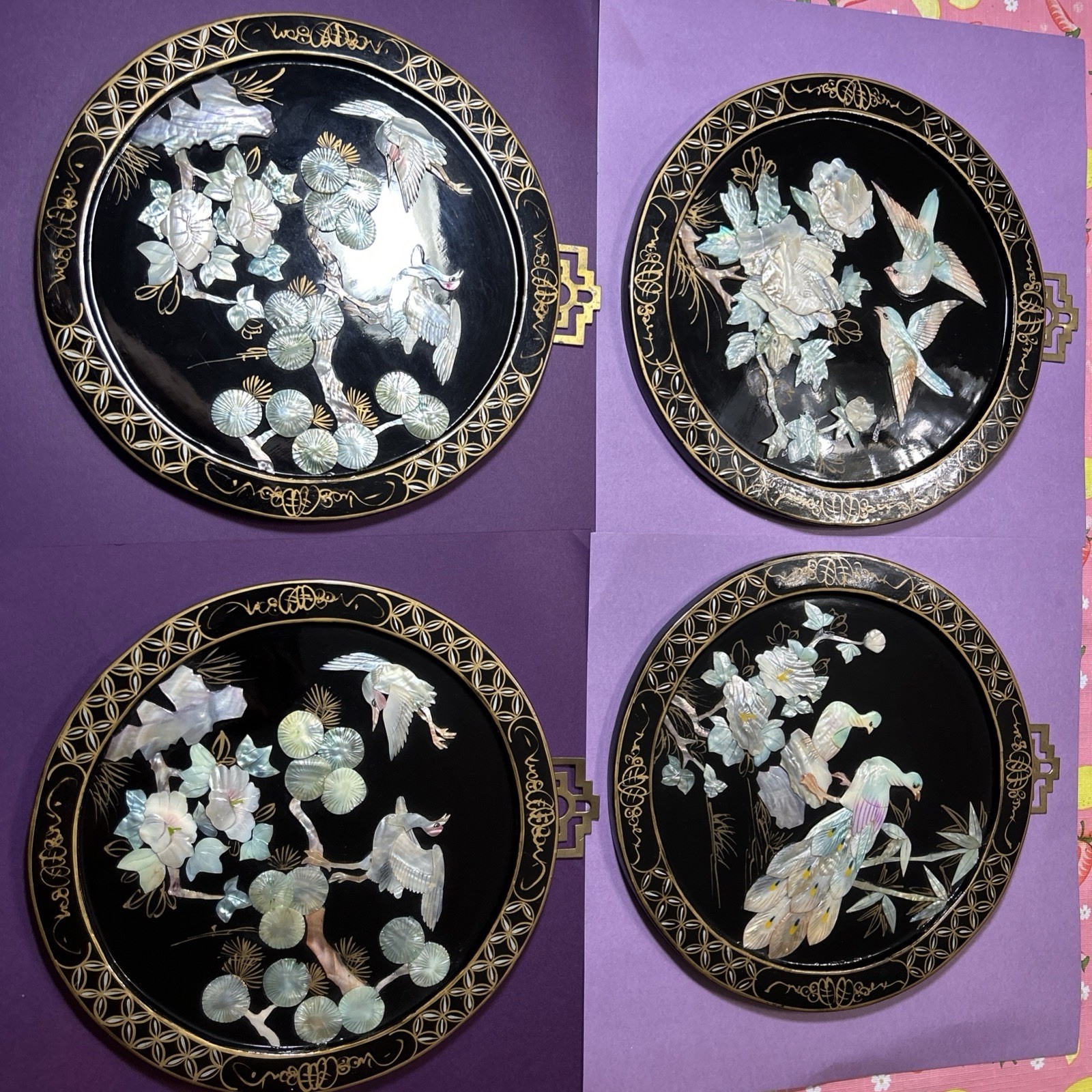 Vintage Chinese Lacquered Decorative On Wood Mother Of Pearl 10” Set Of 4 Used