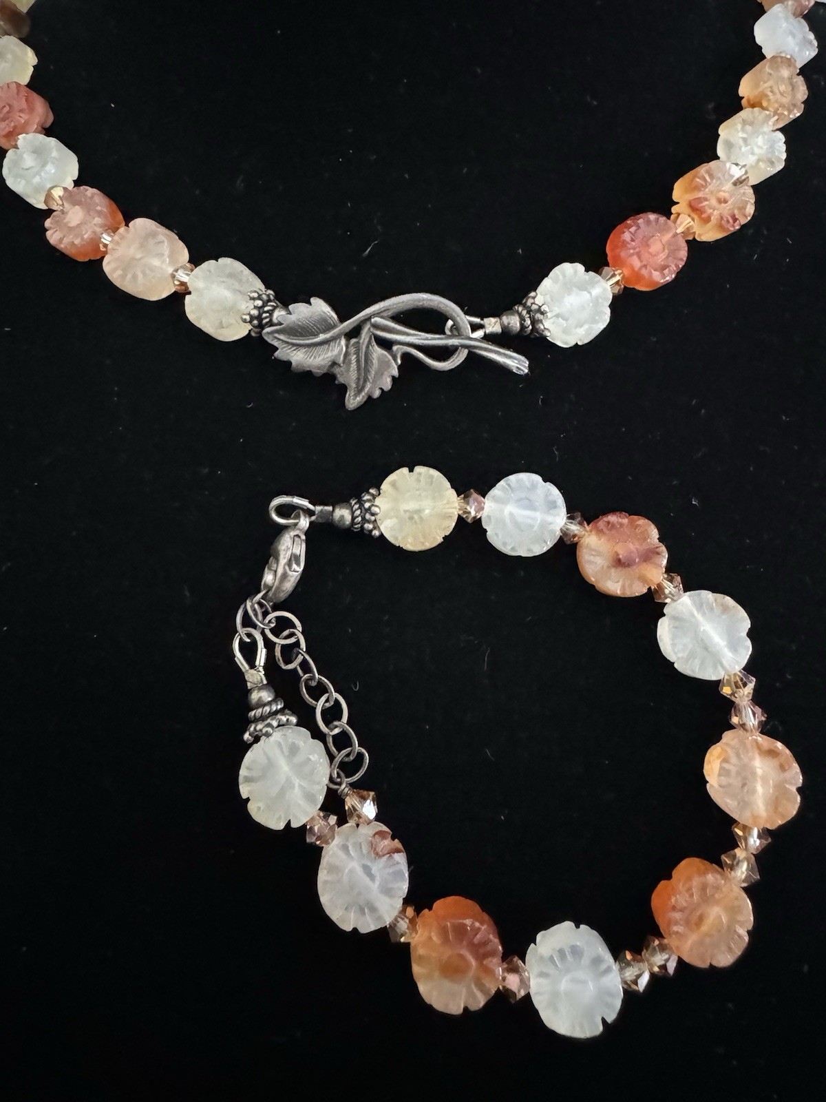 Antiqued Chinese? Carved Carnelian Agate Floral STERLING mar Set Choker Bracelet