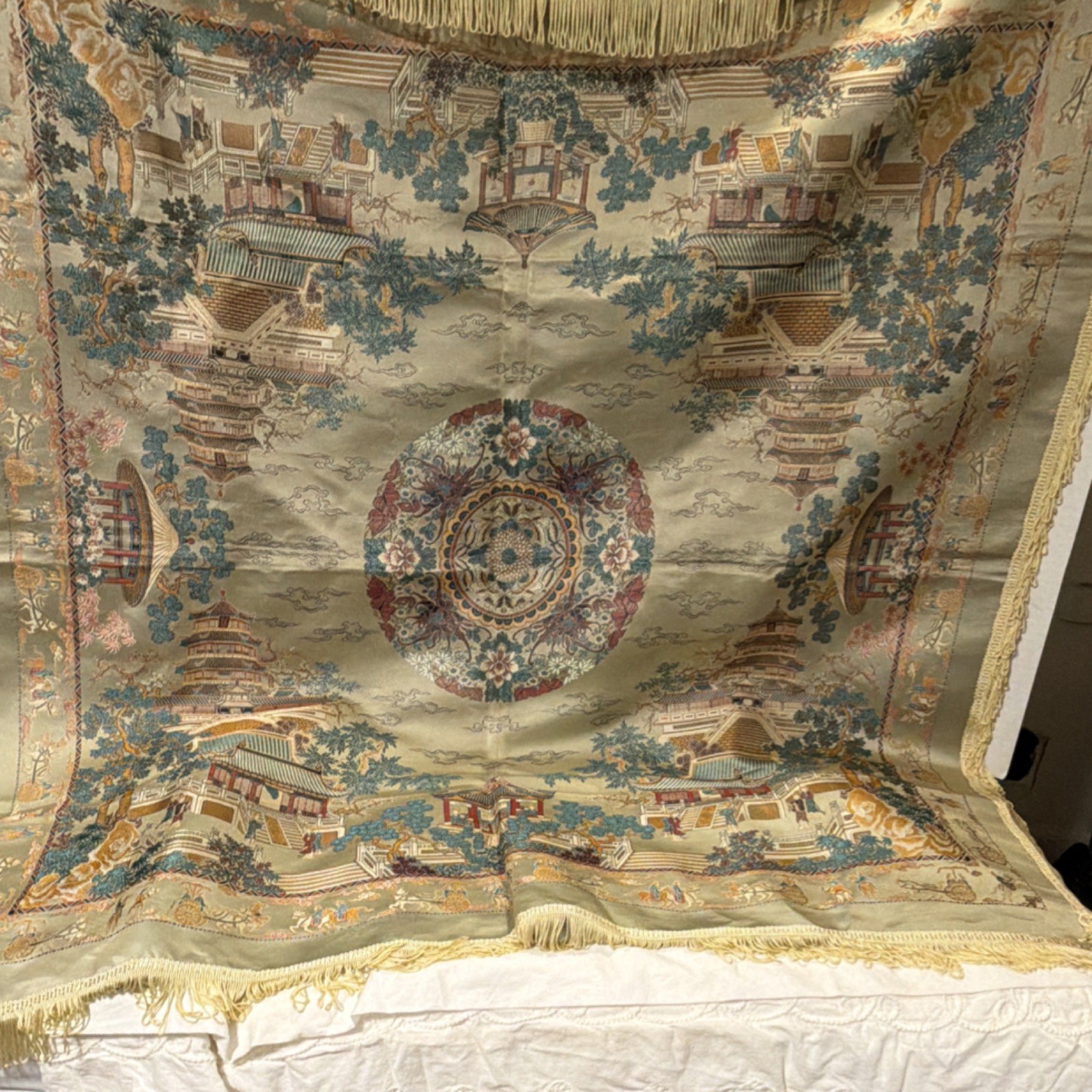 Chinese Decorative Brocade Tapestry with Pagoda and Garden Scene