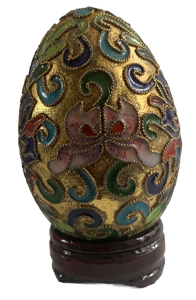 Chinese Enamel Egg Cloisonne Gold Metal Mix Color Floral Wood Stand Easter Decor