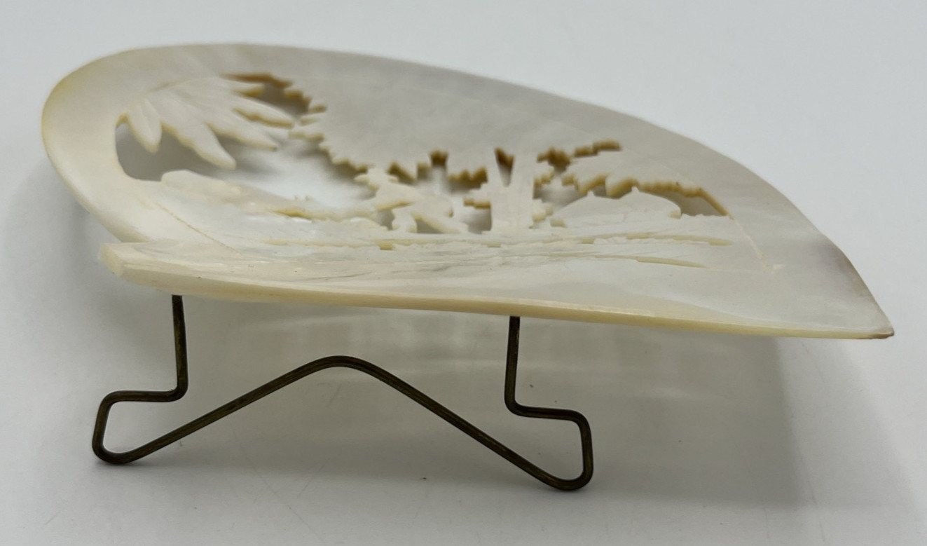 Carved Mother of Pearl Shell Asian Scene with Stand 6″ Tall