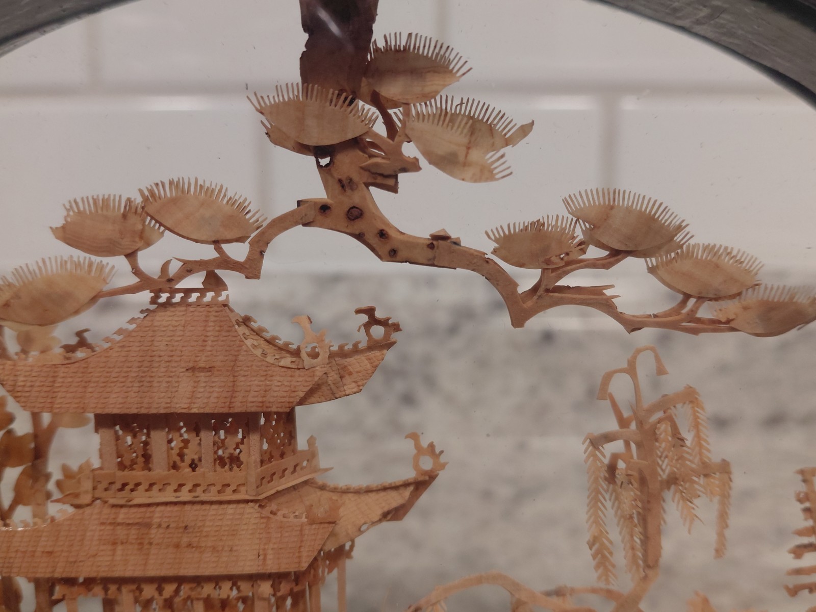 Vintage Oval Chinese Cork Art Diorama Shadow Box Pagoda Cranes Scene Glass Frame